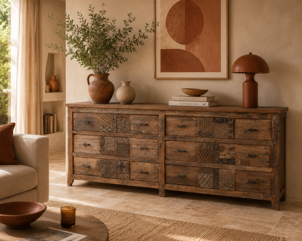 Commode basse apothicaire 195cm "Népalaise" en bois recyclé 6 tiroirs