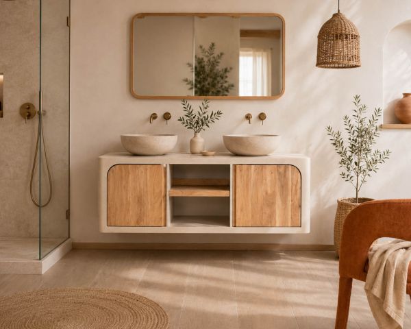 Meuble sous vasque 140 cm à suspendre "Miona" design organique aspect béton sablé