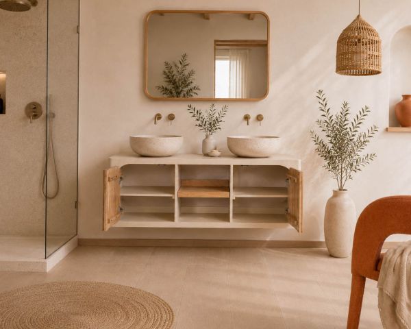 Meuble sous vasque 140 cm à suspendre "Miona" design organique aspect béton sablé