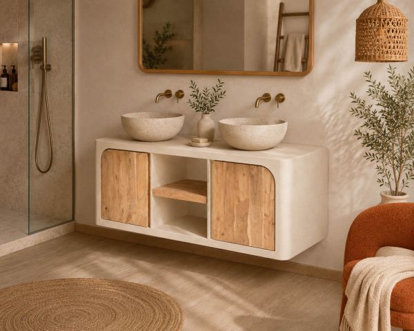 Meuble sous vasque 140 cm à suspendre "Miona" design organique aspect béton sablé
