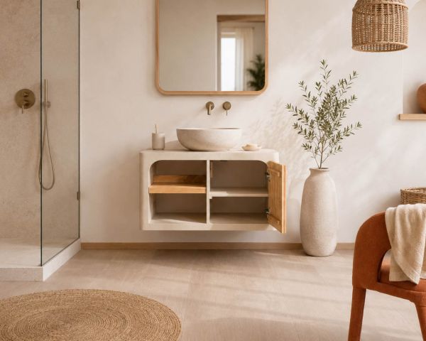 Meuble sous vasque 90 cm à suspendre "Miona" design organique aspect béton sablé