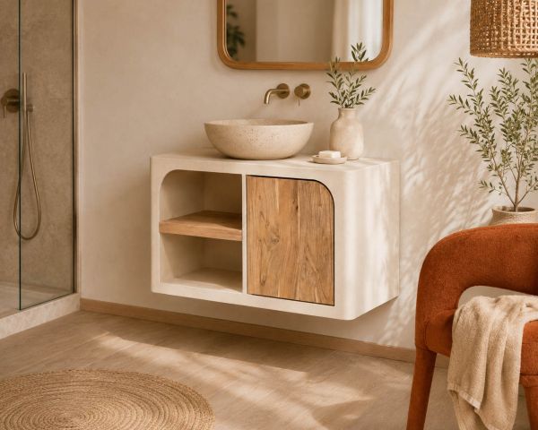 Meuble sous vasque 90 cm à suspendre "Miona" design organique aspect béton sablé