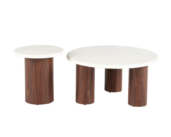 Duo de tables basses rondes aspect pierre "Galatée" piètements effet noyer