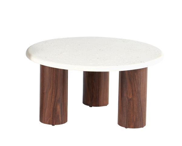 Duo de tables basses rondes aspect pierre "Galatée" piètements effet noyer