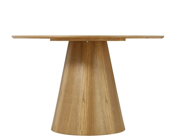 Table ronde 120 cm plateau céramique blanc effet marbre "Oria" piètement aspect chêne