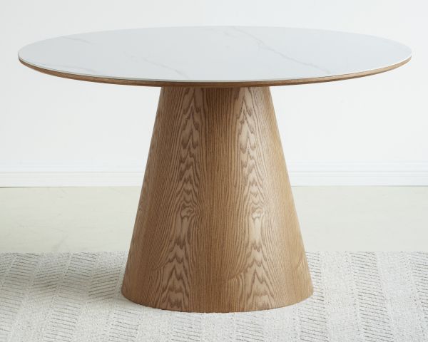 Table ronde 120 cm plateau céramique blanc effet marbre "Oria" piètement aspect chêne