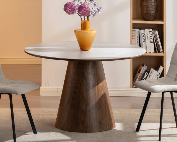 Table de repas ronde 120 cm plateau céramique blanc effet marbre "Oria" piètement aspect noyer