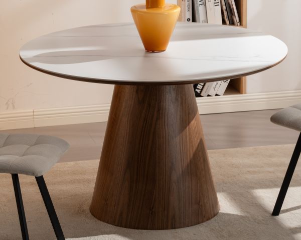 Table de repas ronde 120 cm plateau céramique blanc effet marbre "Oria" piètement aspect noyer