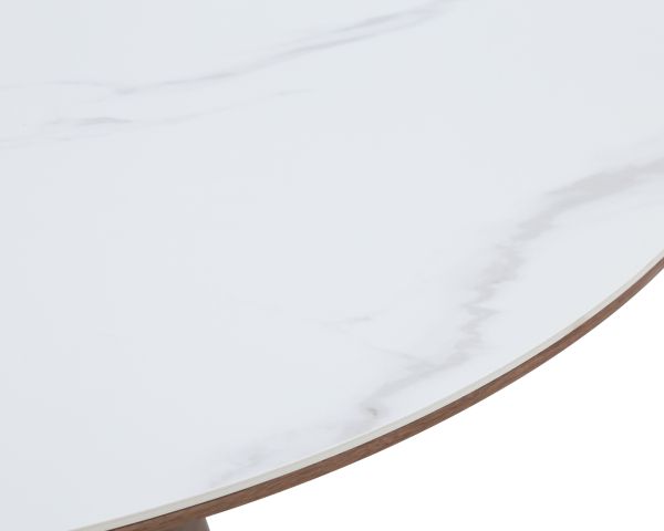 Table ronde 120 cm plateau céramique blanc effet marbre "Oria" piètement aspect chêne