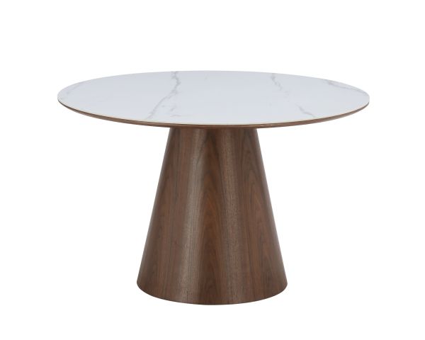 Table de repas ronde 120 cm plateau céramique blanc effet marbre "Oria" piètement aspect noyer