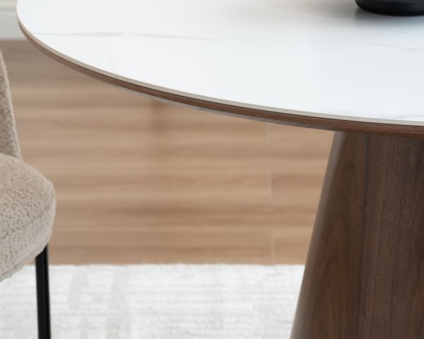 Table de repas ronde 120 cm plateau céramique blanc effet marbre "Oria" piètement aspect noyer