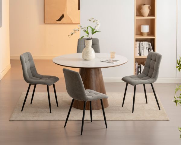 Table de repas ronde 120 cm plateau céramique blanc effet marbre "Oria" piètement aspect noyer