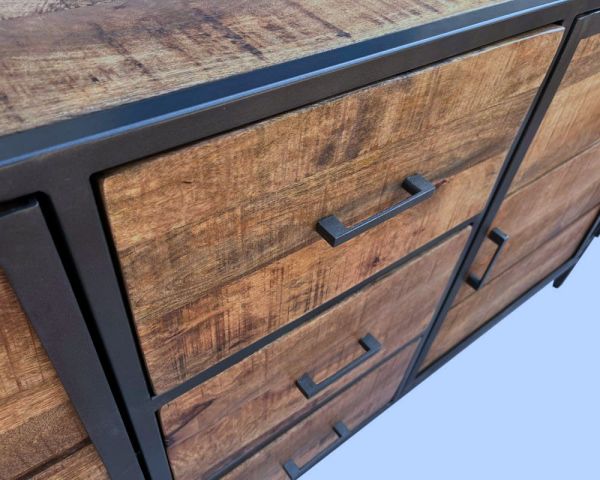 Buffet bas industriel métal gris et bois de manguier massif "Vista"