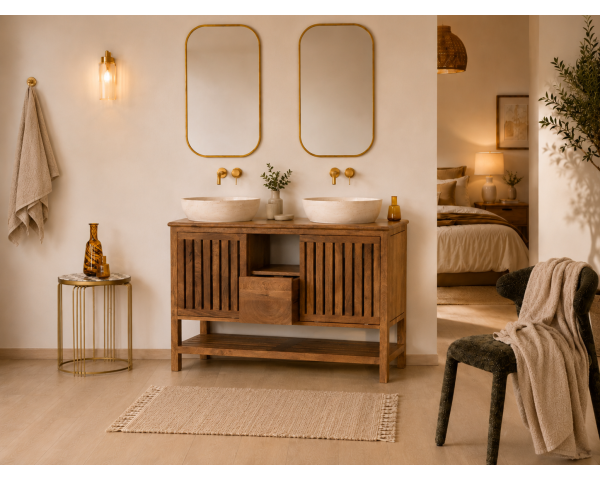 Meuble sous vasque 120 cm avec portes coulissantes "Bulle" en manguier teinte noyer