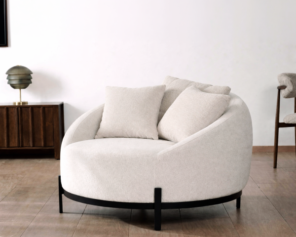 Chauffeuse ronde 120 cm en tissu blanc chiné et coussins velours côtelé "Sweet Culture"