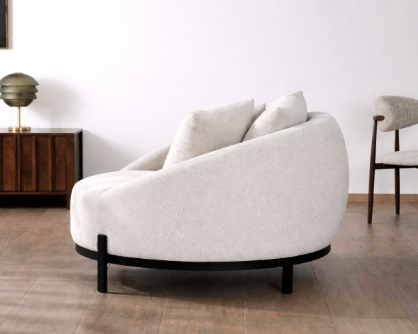 Chauffeuse ronde 120 cm en tissu blanc chiné et coussins velours côtelé "Sweet Culture"