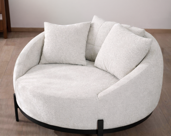 Chauffeuse ronde 120 cm en tissu blanc chiné et coussins velours côtelé "Sweet Culture"
