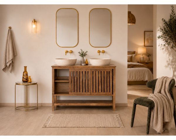 Meuble sous vasque 120 cm avec portes coulissantes "Bulle" en manguier teinte noyer