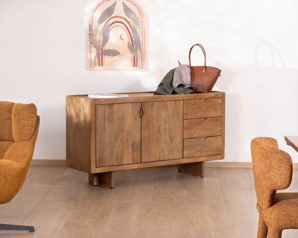 Buffet rétro en manguier massif avec tiroirs finition naturelle "Odely" 150 cm