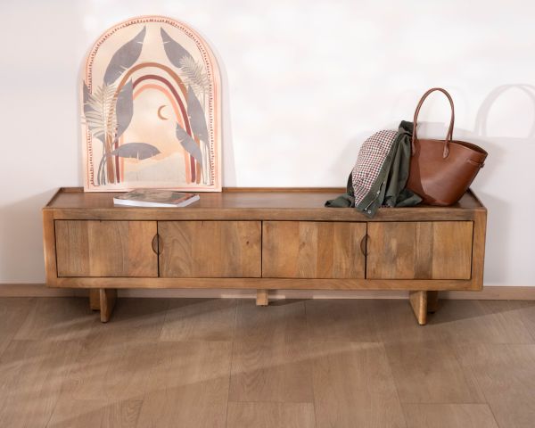 Meuble TV bas 180 cm en manguier naturel "Odely" 4 portes