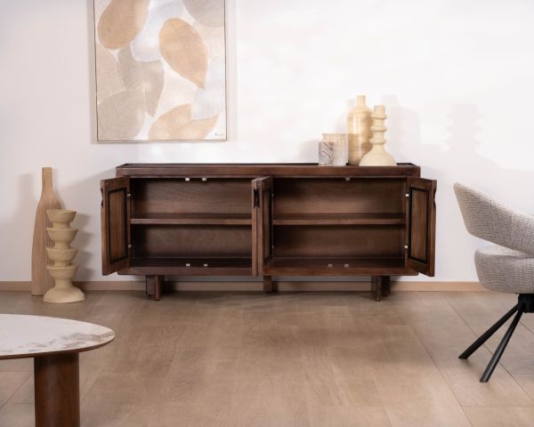 Enfilade esprit rétro chic 4 portes 180 cm en manguier massif teinte noyer "Odessa"