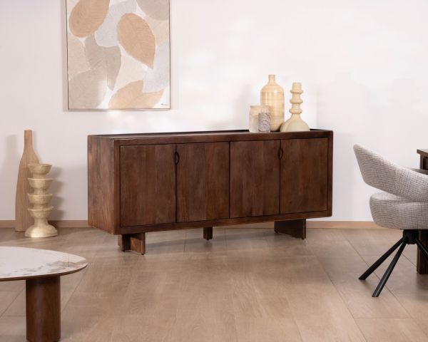 Enfilade esprit rétro chic 4 portes 180 cm en manguier massif teinte noyer "Odessa"