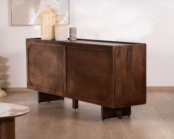 Enfilade esprit rétro chic 4 portes 180 cm en manguier massif teinte noyer "Odessa"