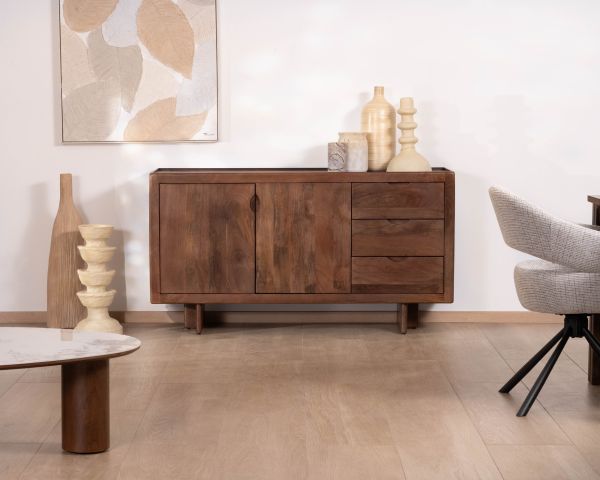 Bahut rétro en manguier massif avec tiroirs teinte noyer "Odessa" 150 cm