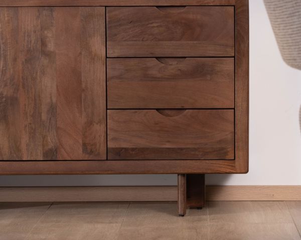 Bahut rétro en manguier massif avec tiroirs teinte noyer "Odessa" 150 cm