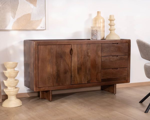 Bahut rétro en manguier massif avec tiroirs teinte noyer "Odessa" 150 cm