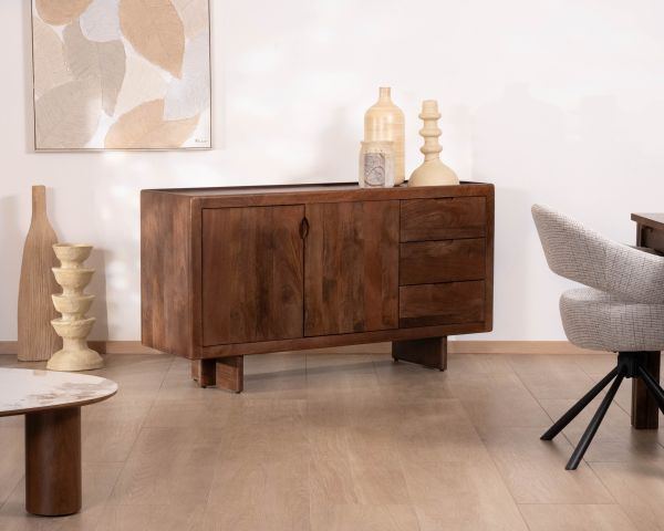 Bahut rétro en manguier massif avec tiroirs teinte noyer "Odessa" 150 cm