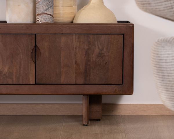 Meuble TV bas 4 portes 180 cm en manguier massif "Odessa" teinte noyer