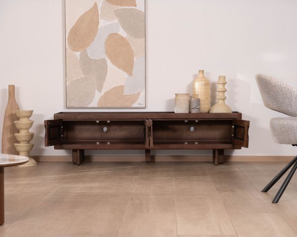 Meuble TV bas 4 portes 180 cm en manguier massif "Odessa" teinte noyer