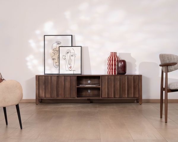 Meuble TV bas esprit zen en manguier massif teinte noyer 180 cm « Sicora »