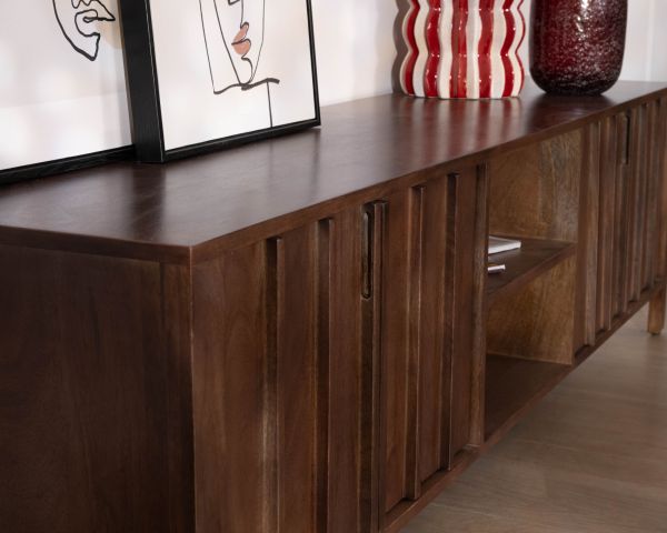 Meuble TV bas esprit zen en manguier massif teinte noyer 180 cm « Sicora »