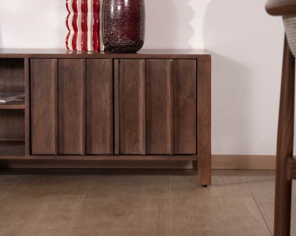 Meuble TV bas esprit zen en manguier massif teinte noyer 180 cm « Sicora »