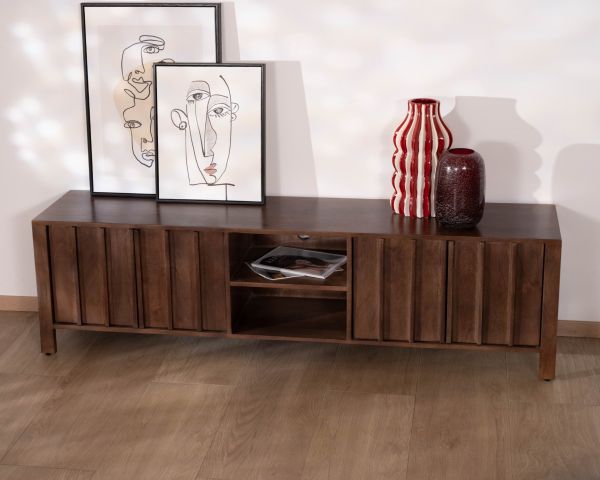Meuble TV bas esprit zen en manguier massif teinte noyer 180 cm « Sicora »
