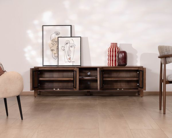 Meuble TV bas esprit zen en manguier massif teinte noyer 180 cm « Sicora »