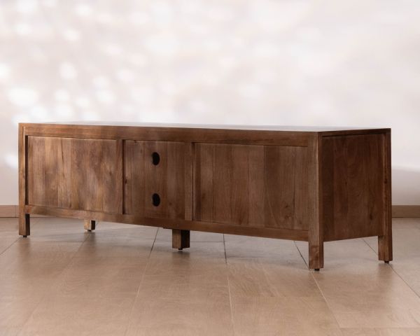 Meuble TV bas esprit zen en manguier massif teinte noyer 180 cm « Sicora »