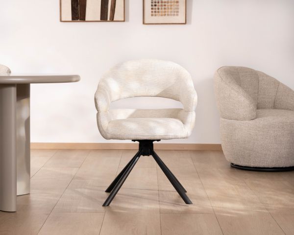 Lot de 2 chaises de repas pivotantes “Movy” assise enveloppante en tissu crème avec accoudoirs