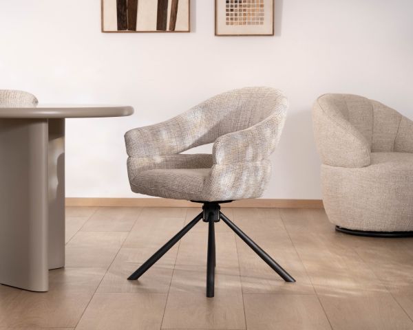 Lot de 2 chaises tournantes esprit rétro-contemporain doux “Movy” en tissu grège tramé