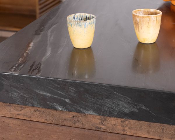  Billot de cuisine en teck recyclé et plateau marbre noir "Grana"