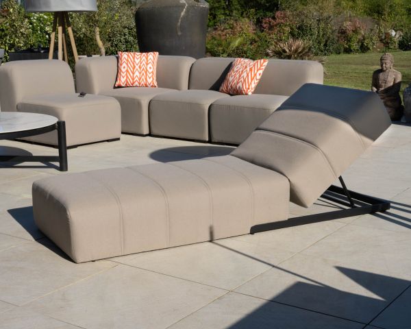 Bain de soleil design épuré en tissu spécial extérieur "Sunset Bay" taupe avec surpiqures
