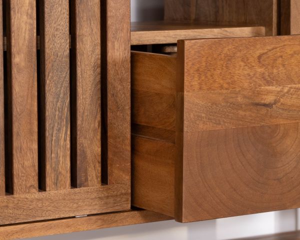 Meuble sous vasque 120 cm avec portes coulissantes "Bulle" en manguier teinte noyer