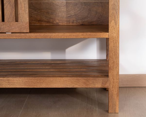 Meuble sous vasque 120 cm avec portes coulissantes "Bulle" en manguier teinte noyer
