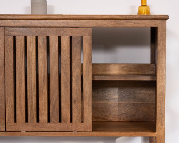 Meuble sous vasque 120 cm avec portes coulissantes "Bulle" en manguier teinte noyer