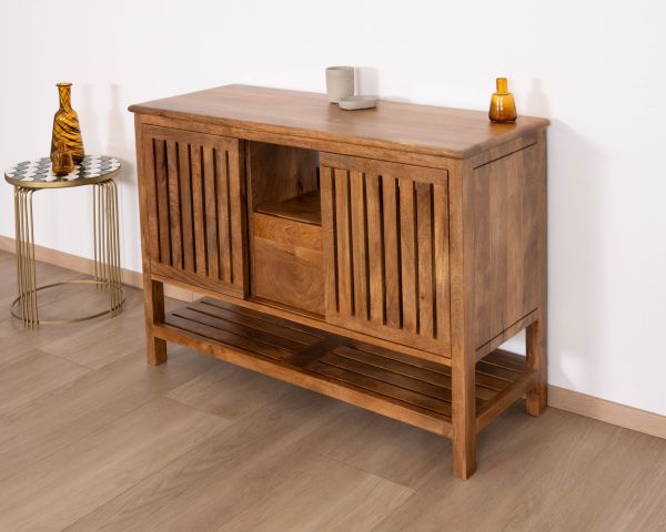 Meuble sous vasque 120 cm avec portes coulissantes "Bulle" en manguier teinte noyer