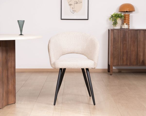Lot de 2 chaises esprit newtro en tissu bouclettes blanc cassé et pieds métal noir "Sonate"