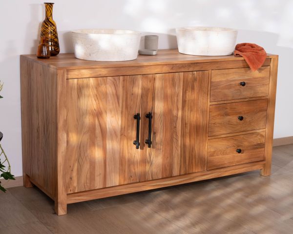 Grand meuble sous vasque double en bois recyclé "Mokal" 150 cm esprit maison de campagne
