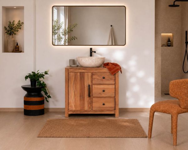 Meuble sous vasque 80 cm en bois recyclé "Mokal" esprit maison de campagne